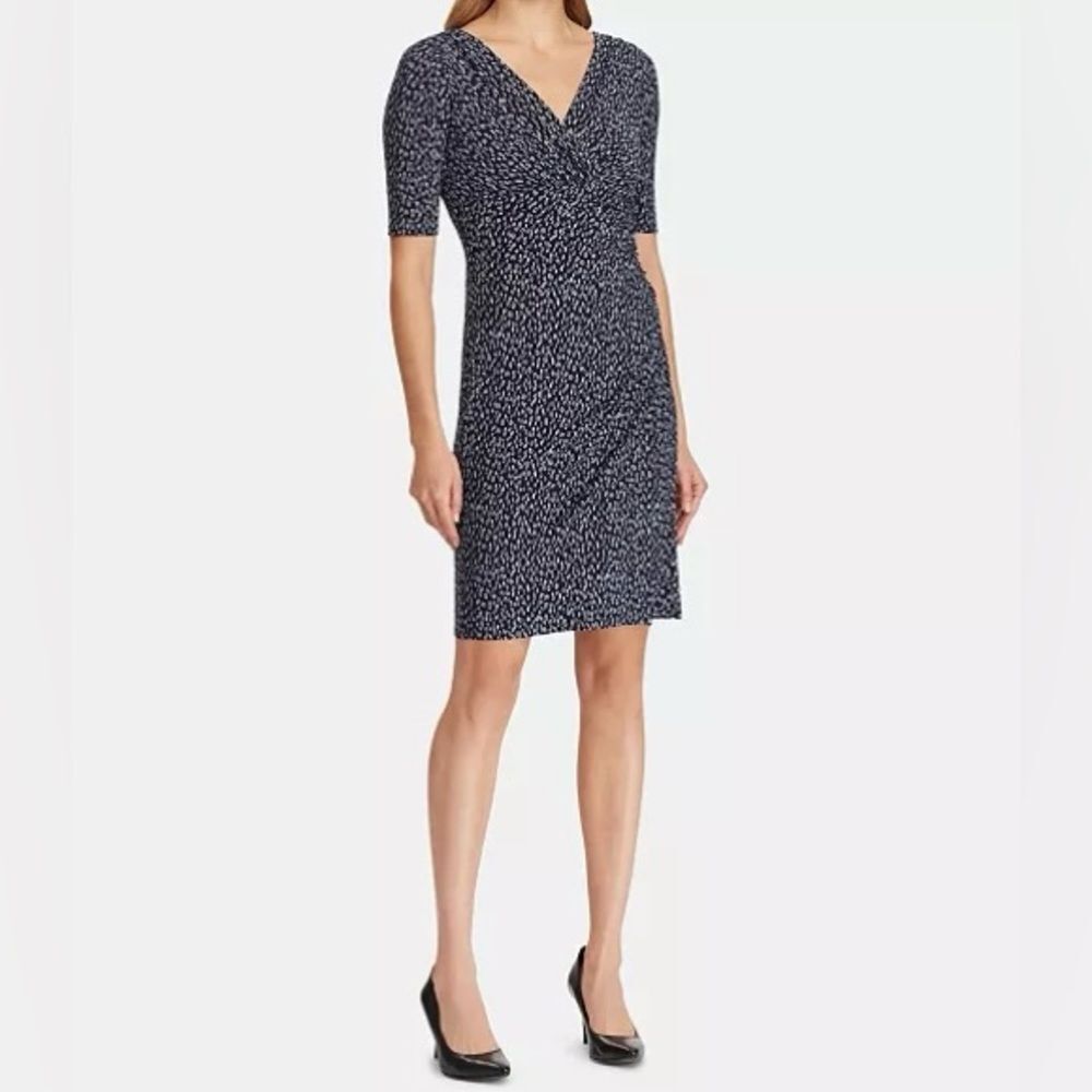 Lauren Ralph Lauren Ruched Dress Navy Printed Matte Jersey Knit Sz 6P Office